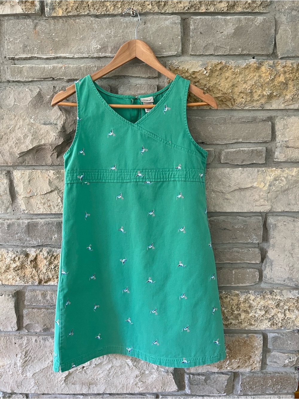 L.L. Bean Green Sleeveless Shift Dress with Pelican Bird Embroidery Girls 14